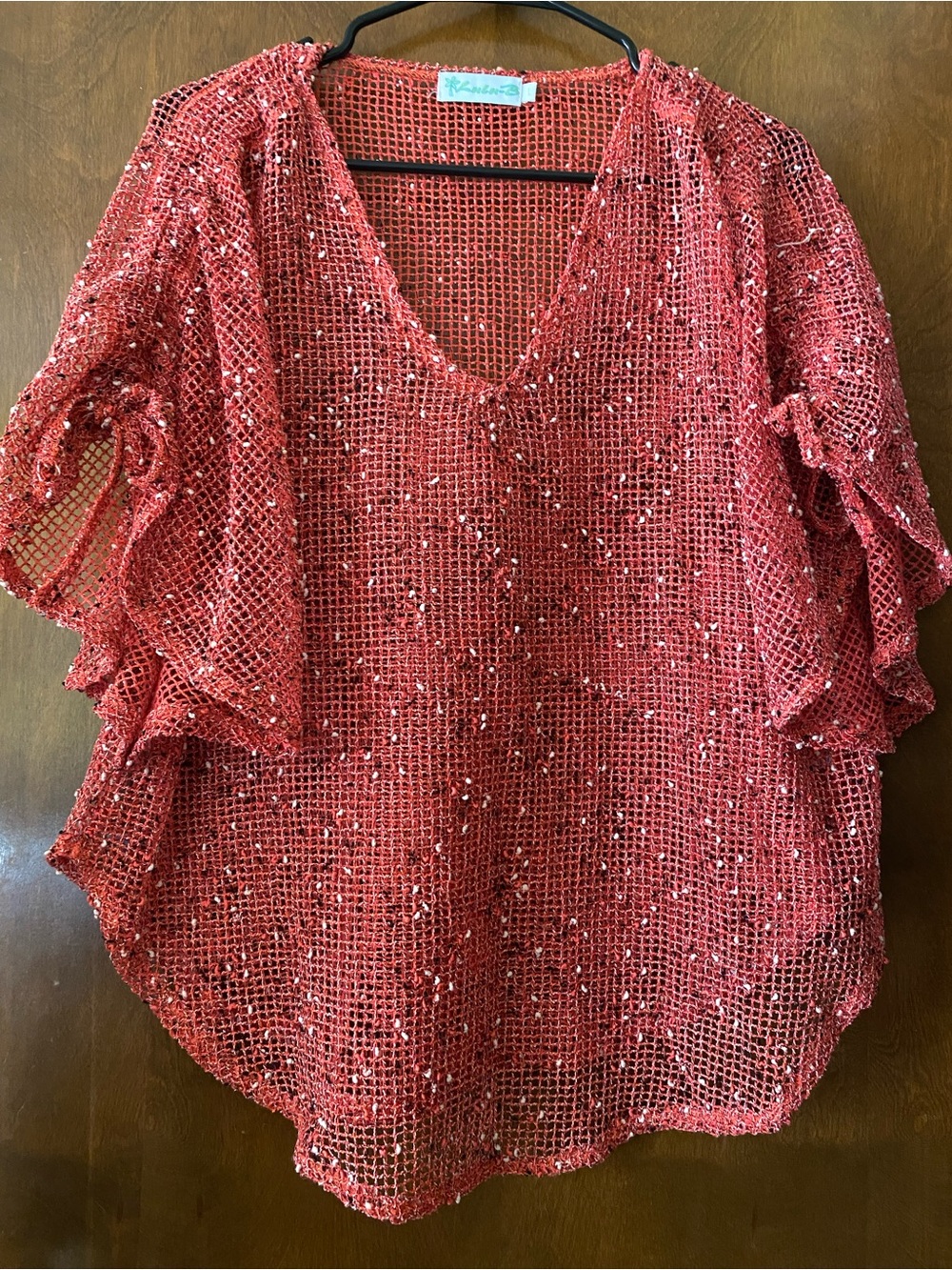 Lulu-B Orange Red Open-Weave V-Neck Tunic with Sparkle